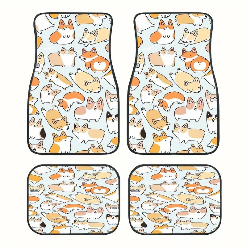 Dog Car Floor Mats Cute Cartoon Corgi Dog Pattern Orange White Car Mats