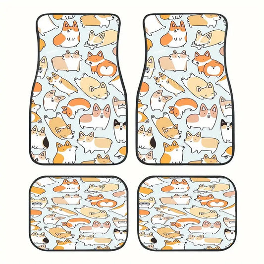Dog Car Floor Mats Cute Cartoon Corgi Dog Pattern Orange White Car Mats