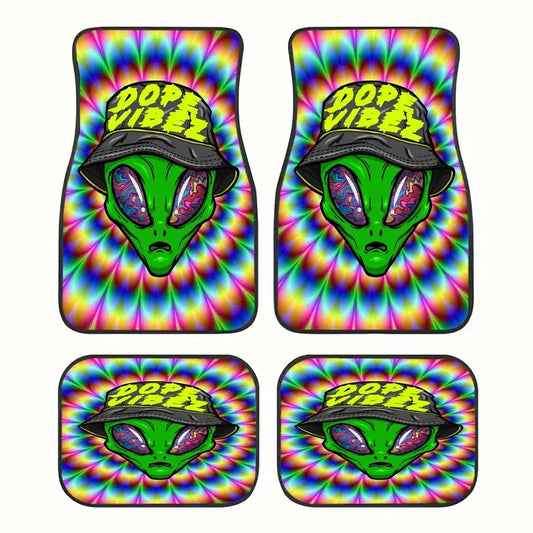 Alien Car Mats Dope Vibes Wearing Hat Alien Tie Dye Pattern Car Floor Mats Colorful