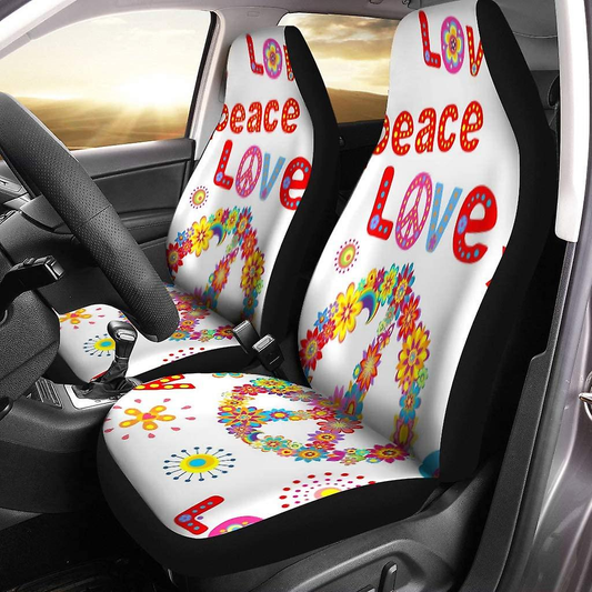 Hippie Car Seat Covers Love Peace Symbol Flower Seat Covers White