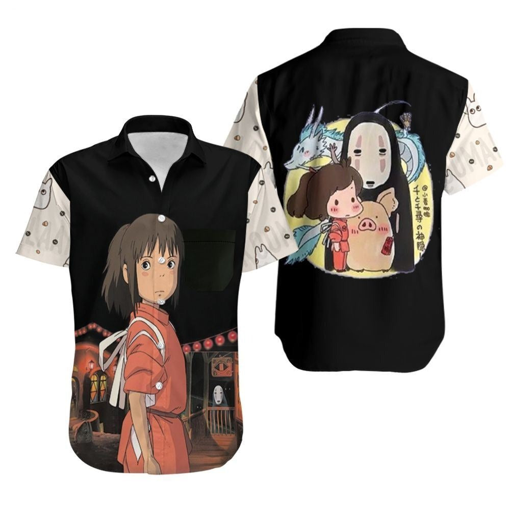 SGhibli Hawaii Shirt Chibi Chihiro Kaonashi Haku Graphic Hawaiian Shirt Black White Unisex