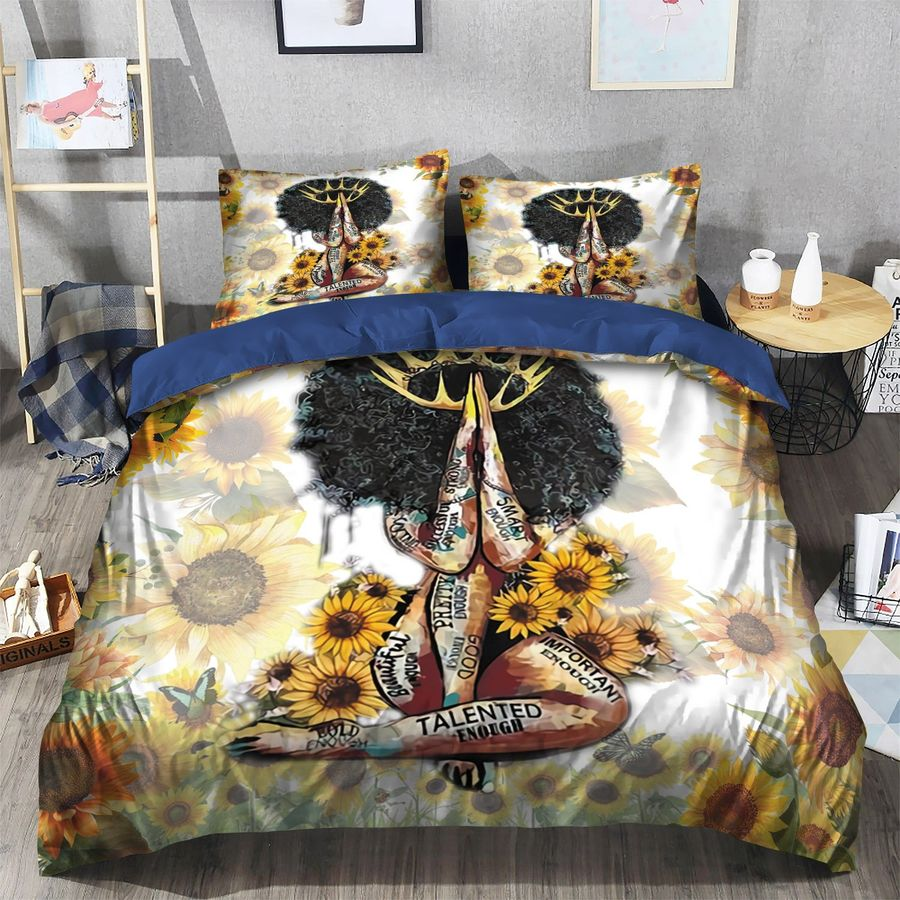 Africa Americans Bedding Set Proud Black Queen Sunflower Pattern Duvet Covers White Yellow Unique Gift