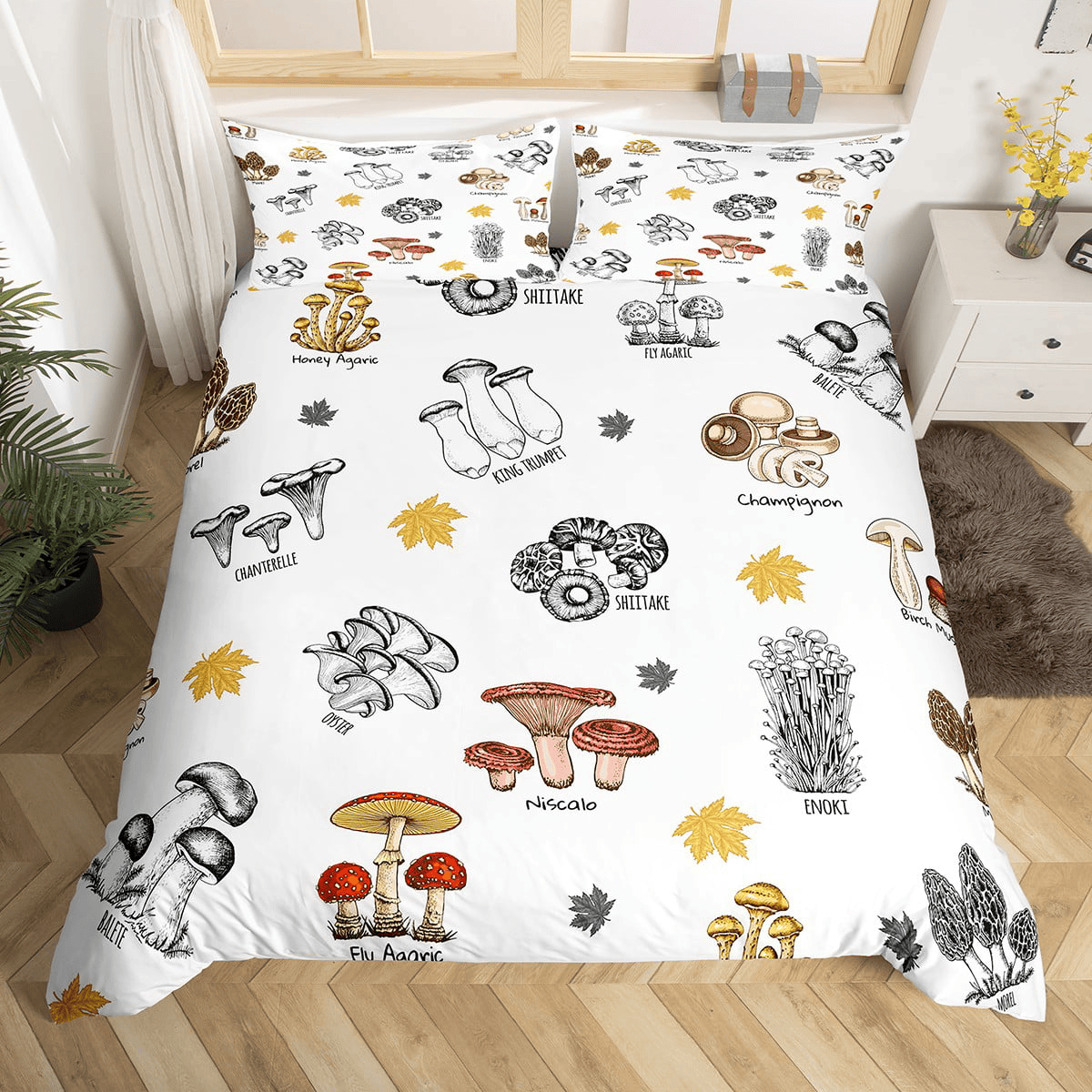 Mushroom Bedding Set Natural Wild Fungus Mushroom Duvet Covers White Unique Gift