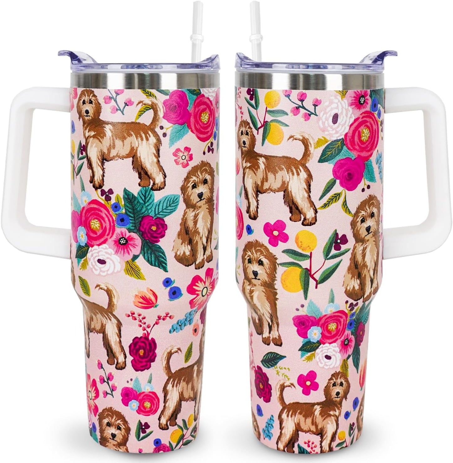 Dog 40 Oz Tumbler Drawing Goldendoodle Flowers Pattern Tumbler 40 Oz Pink