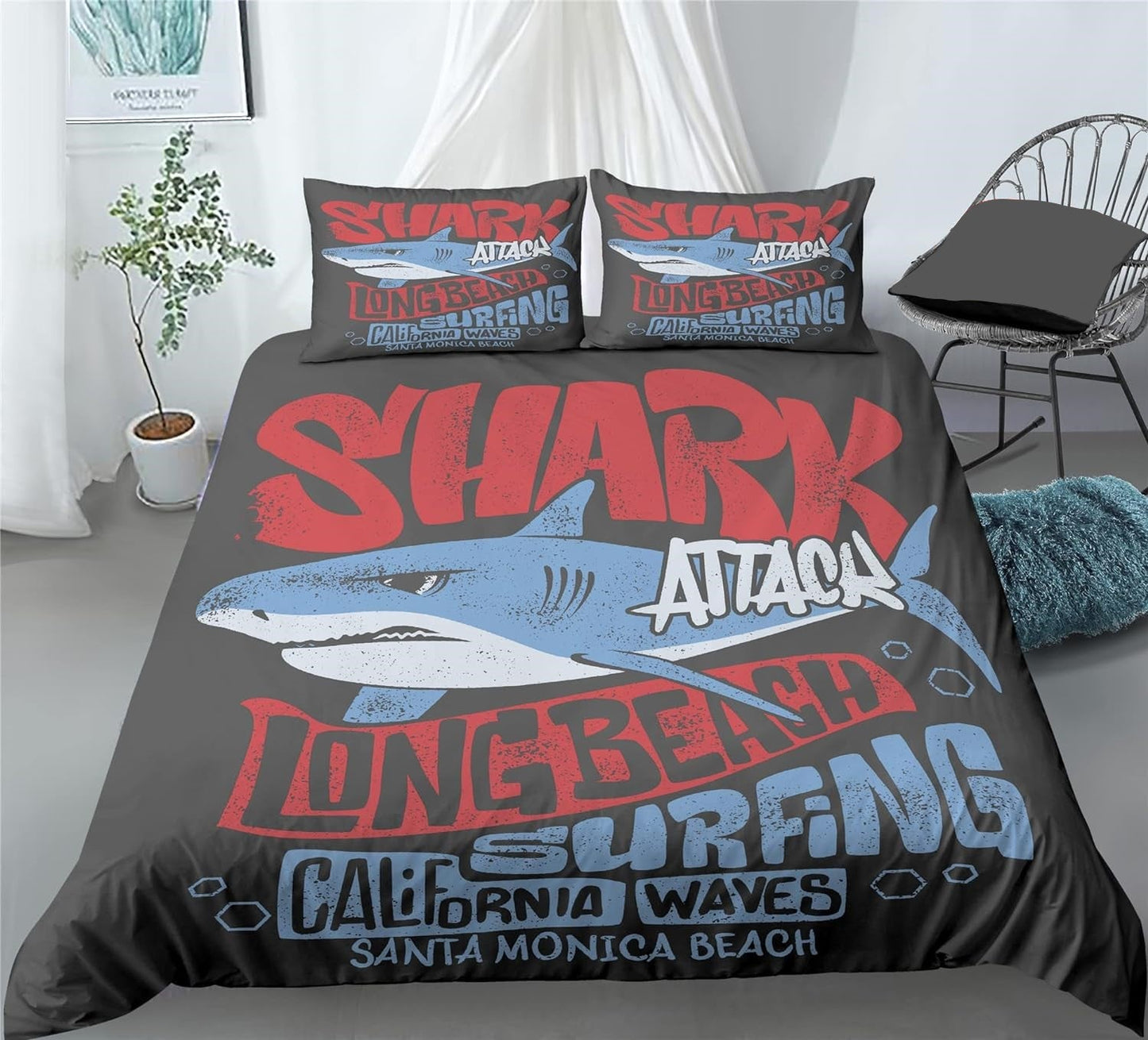 Shark Bedding Set Shark Attack Long Beach Surfing Duvet Covers Black Unique Gift