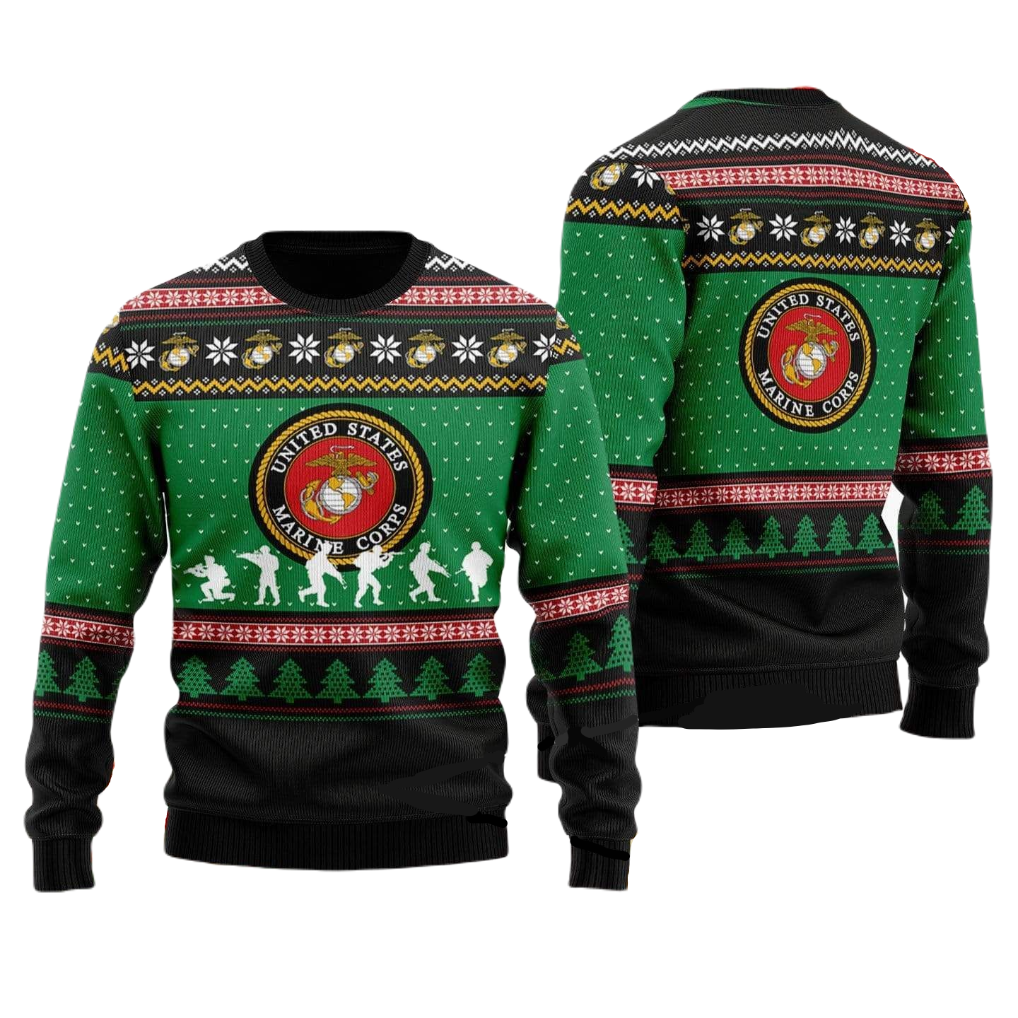 Unifinz Veteran Sweater US Marine Corps Seal Green Black Christmas Pattern Veteran Ugly Sweater