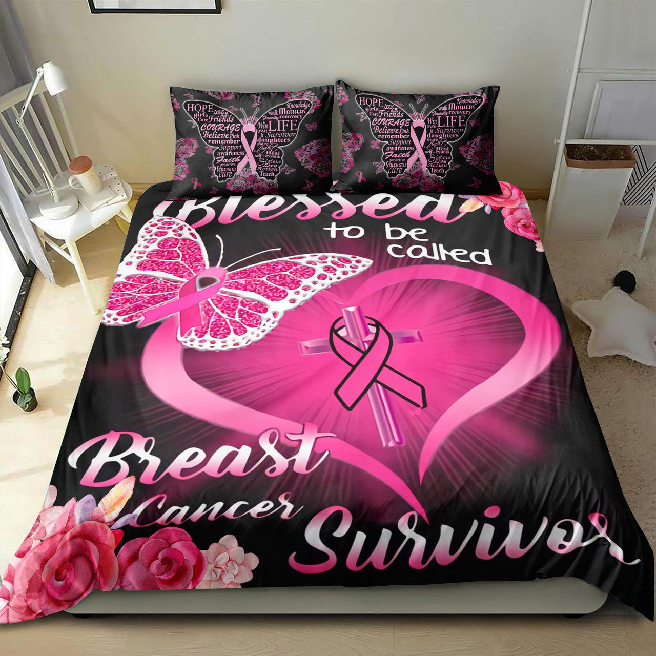 Breast Cancer Bedding Set Blessed To Be Called Breast Cancer Survivor Duvet Covers Black Pink Unique Gift