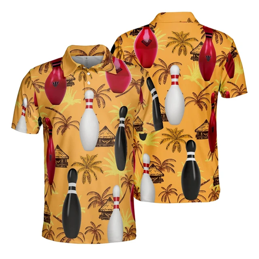 Bowling Polo Shirt Bowling Balls Pins Tropical Palm Tree Boys Polo Shirts Yellow