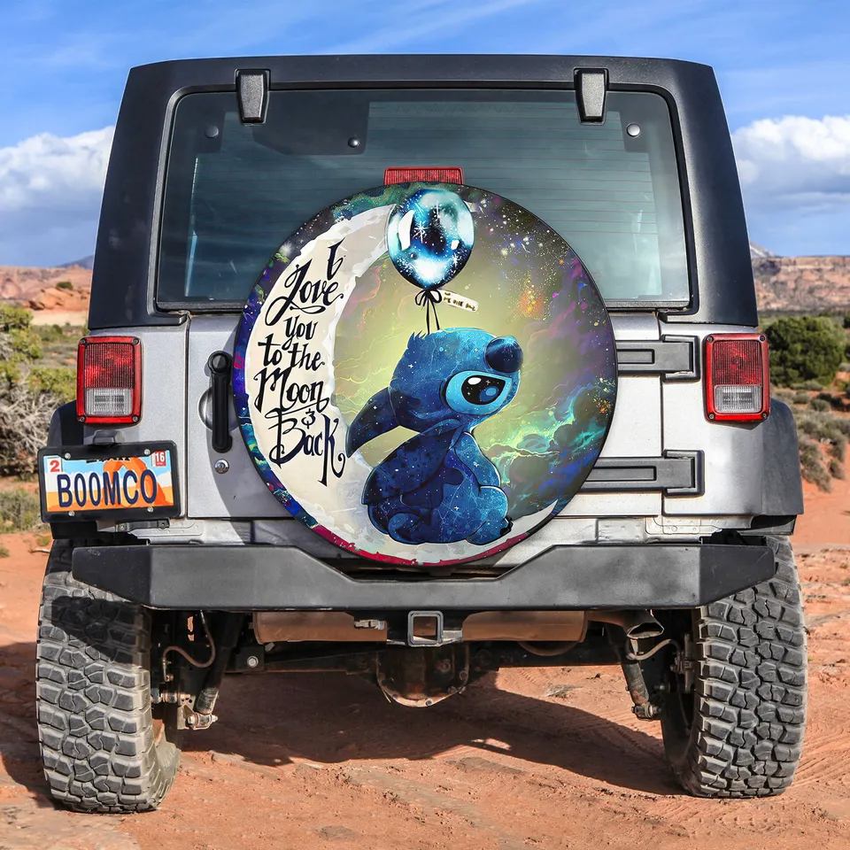 Stitch Spare Tire Cover DN Stitch Balloon I Love You To The Moon Tire Covers White Blue