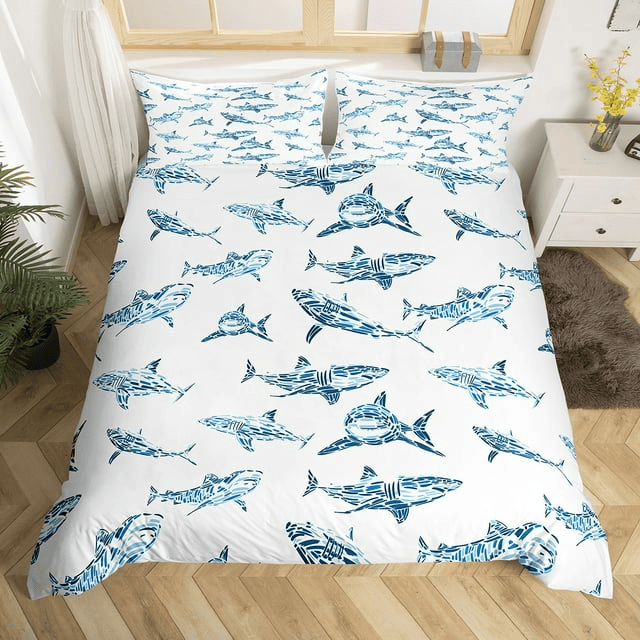 Shark Bedding Set Watercolor Cartoon Sharks Pattern Duvet Covers White Blue Unique Gift