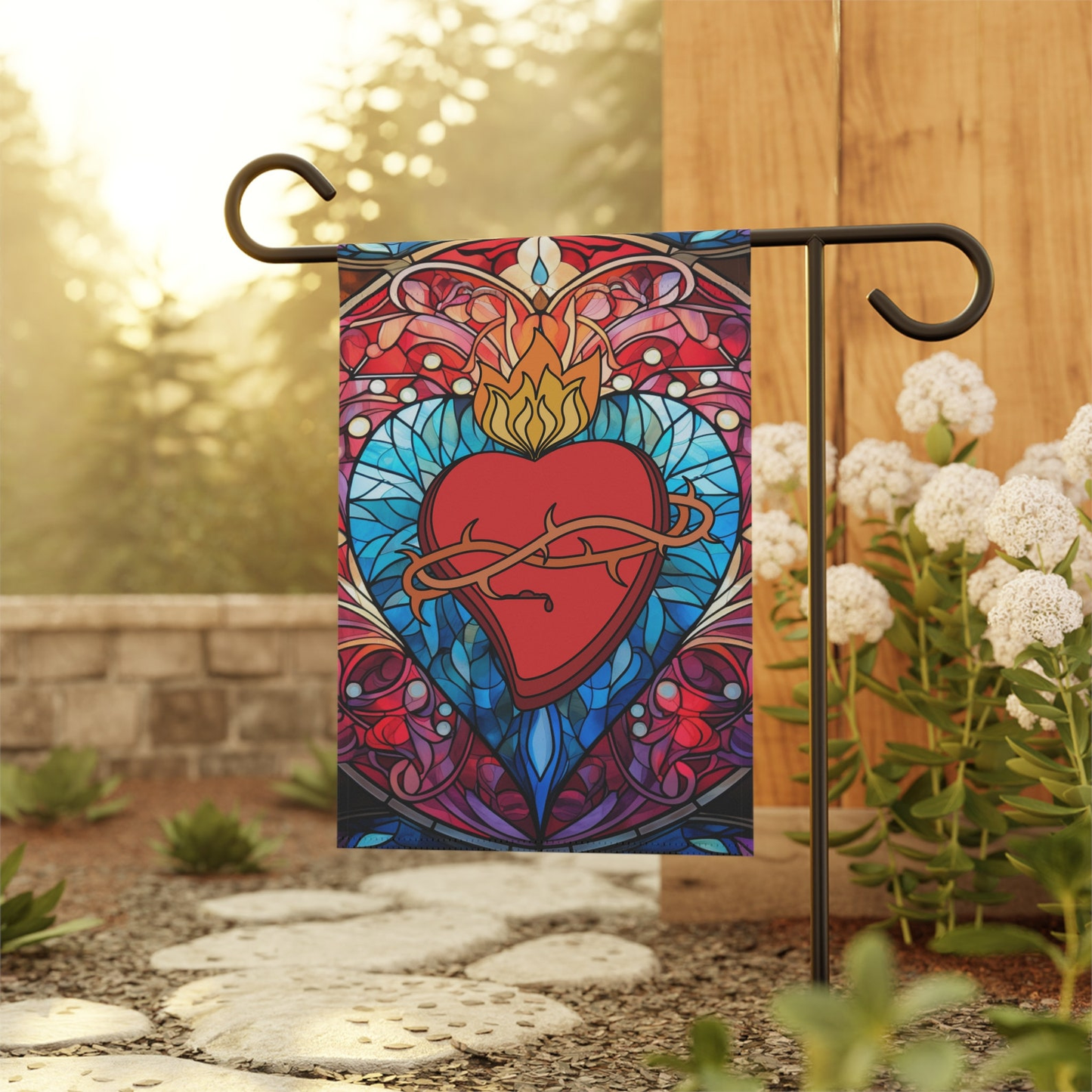 Jesus Flags Sacred Heart Of Jesus Stained Glass Flag Red Blue