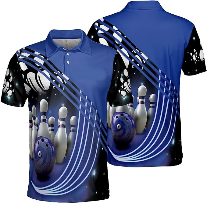 Bowling Polo Shirt Bowling Balls Pins Graphic Boys Polo Shirts Black Blue