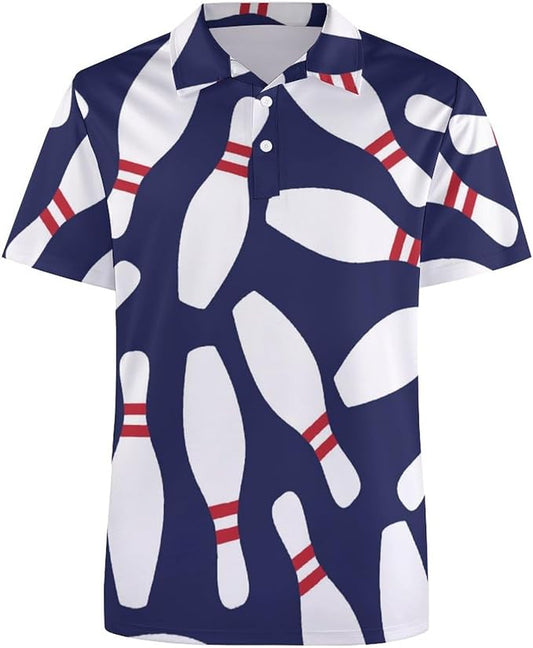 Bowling Polo Shirt Bowling Game Pins Pattern Boys Polo Shirts Blue White