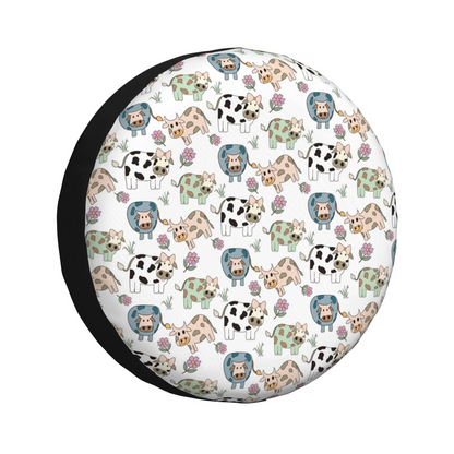 Cow Spare Tire Cover Cartoon Cute Cow Flower Pattern Tire Covers Colorful