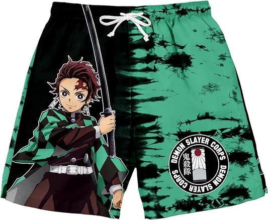 Demon Slayer Shorts Tanjiro Komado Demon Slayer Corps Beach Shorts Black Green