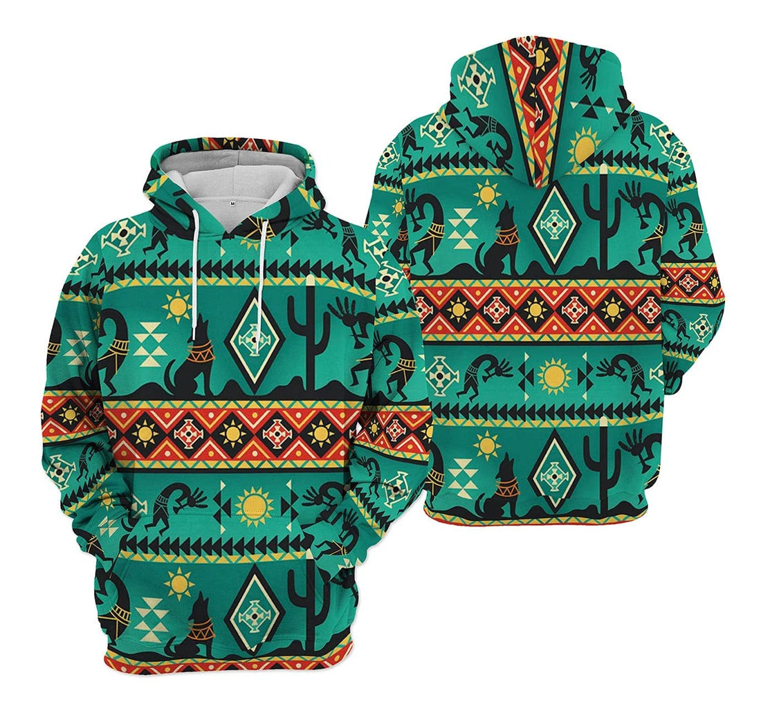 Native American Hoodie Native American Kokopelli Cactus Howling Wolf Hoodie Green Unisex