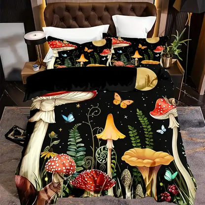 Mushroom Bedding Set Forest Wild Mushroom Art Duvet Covers Black Unique Gift