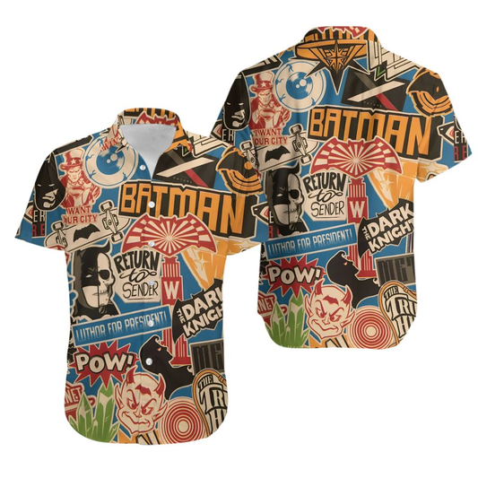 Batman Hawaii Shirt DC Vintage Batman Label Stickers Pattern Hawaiian Shirt Colorful Unisex