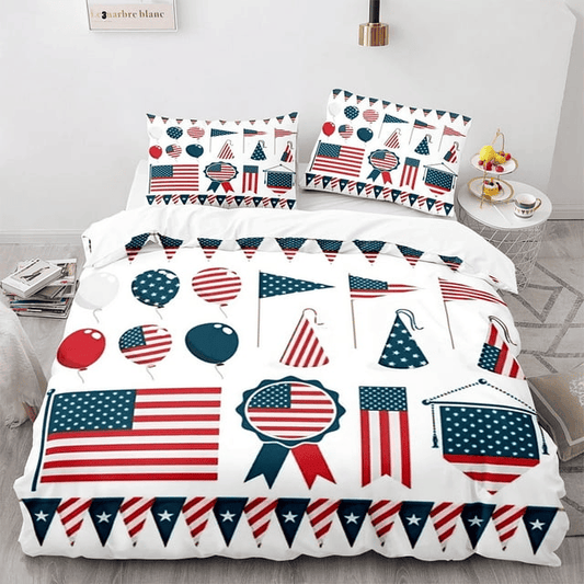 4th of July Bedding Set Balloon American Flag Pattern Duvet Covers Blue Red Unique Gift