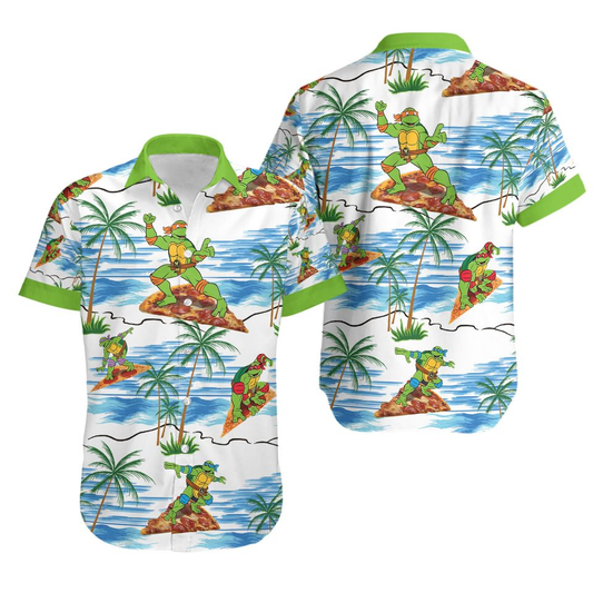 TMNT Hawaii Shirt Ninja Turtle Pizza Surfing Tropical Pattern Hawaiian Shirt White Blue Unisex