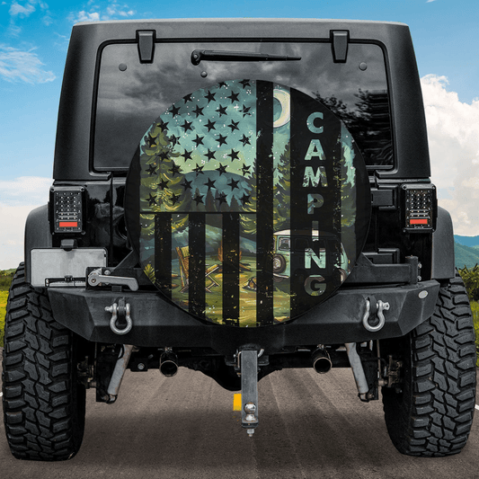 Camping Spare Tire Cover Mountain Camping American Flag Tire Covers Black Blue