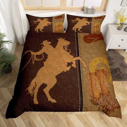 Horse Bedding Set Cowboy Riding Horse Silhouette Duvet Covers Brown Unique Gift