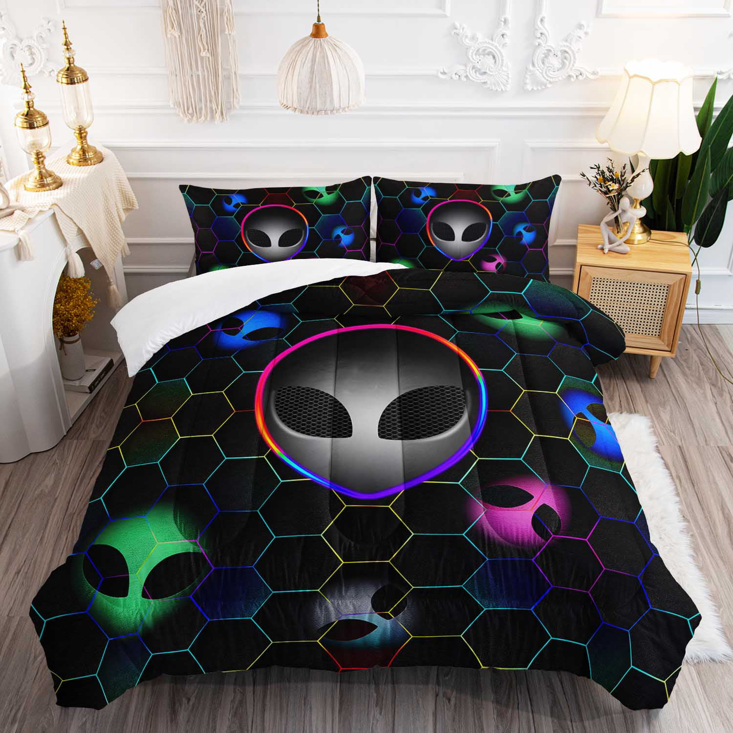 Alien Bedding Set Alien Heads Hexagon Pattern Duvet Covers Black Unique Gift