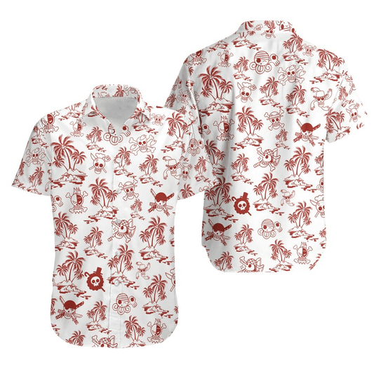 One Piece Hawaii Shirt One Piece Jolly Roger Tropical Island Pattern Hawaiian Shirt White Red Unisex