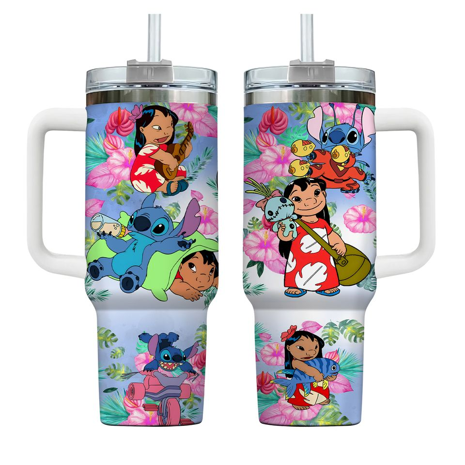 Stitch 40 Oz Tumbler Lilo And Stitch Characters Pattern Tumbler 40 Oz Colorful