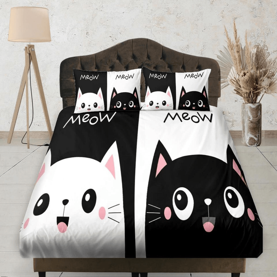 Cat Bedding Set Meow Funny Cats Pattern Duvet Covers Black White Unique Gift