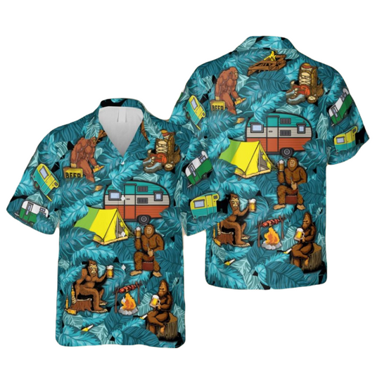 Bigfoot Hawaii Shirt Bigfoot Drinking Beer Camping Hawaiian Shirt Blue Unisex