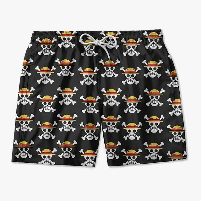 One Piece Shorts One Piece Straw Hat Jolly Roger Pattern Beach Shorts Black