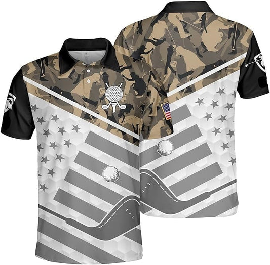 Golf Polo Shirt Golf Ball Club American Flag Camo Pattern Golf Shirts White Brown For Men