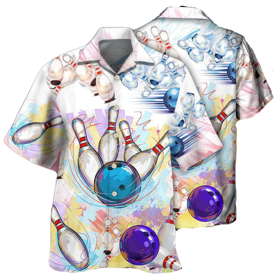 Bowling Hawaii Shirt Bowling Pins Balls Art Hawaiian Shirt White Blue Unisex