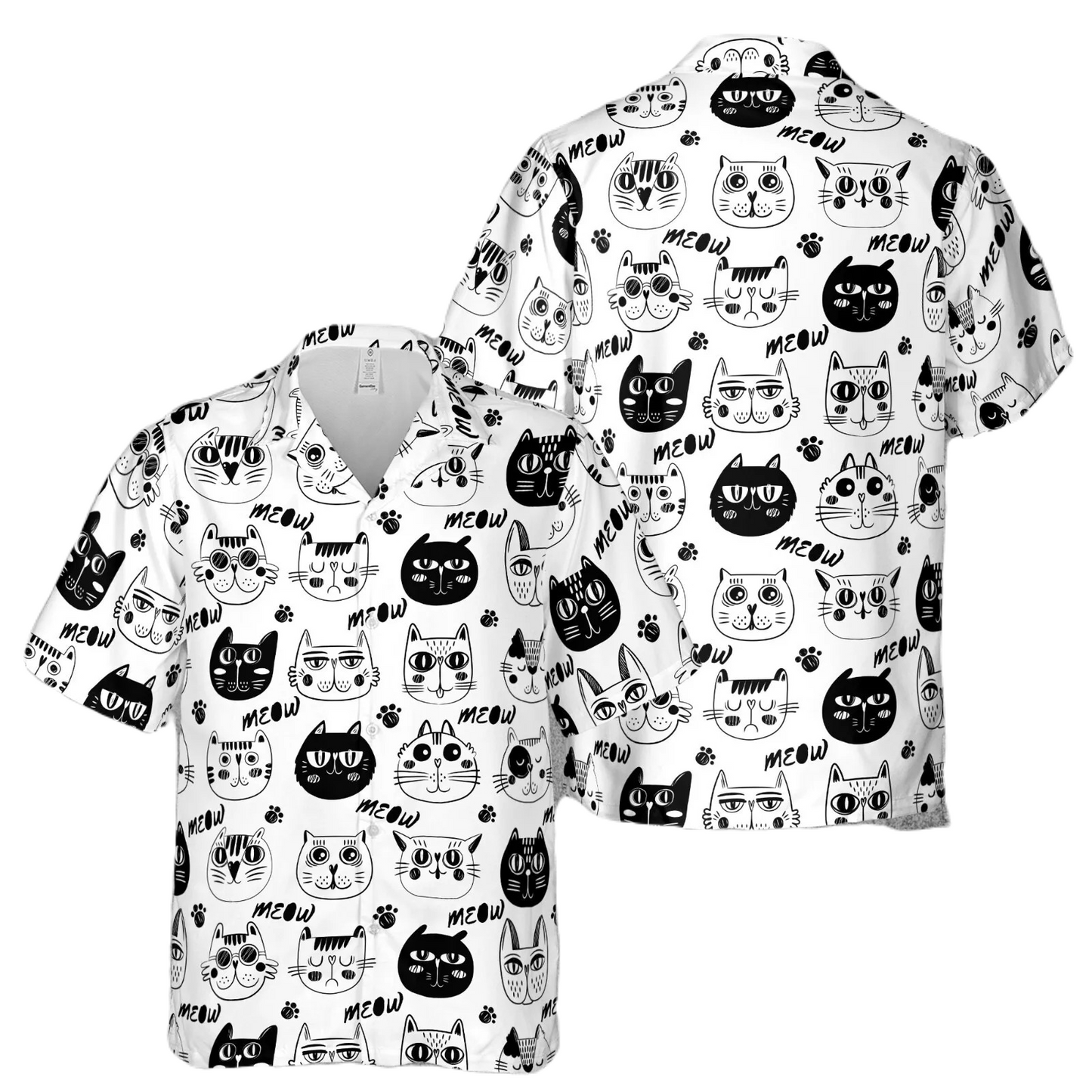 Cat Hawaii Shirt Cartoon Cute Cat Pattern Hawaiian Shirt Black White Unisex