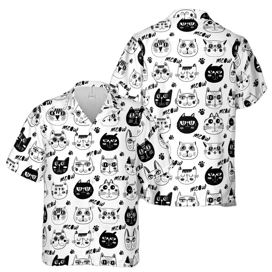 Cat Hawaii Shirt Cartoon Cute Cat Pattern Hawaiian Shirt Black White Unisex