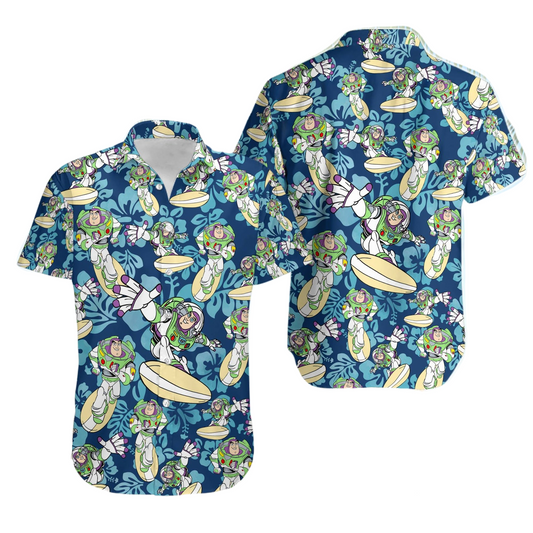 Toy Story Hawaii Shirt DN Buzz Surfing Tropical Flower Pattern Hawaiian Shirt Blue Unisex