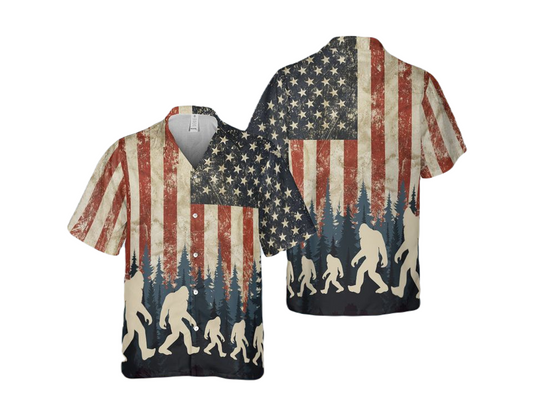 Bigfoot Hawaii Shirt Bigfoot Silhouette American Flag Forest Hawaiian Shirt Blue Red Unisex