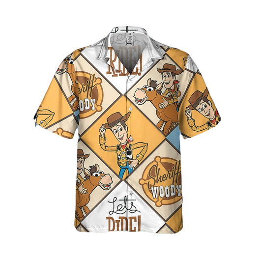 Toy Story Hawaii Shirt DN Woody Sheriff Let's Ride Pattern Hawaiian Shirt White Brown Unisex