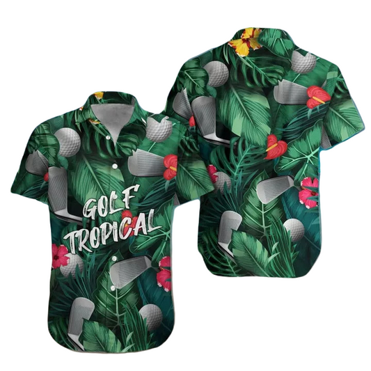 Golf Hawaii Shirt Golf Tropical Ball And Club Pattern Hawaiian Shirt Green Unisex