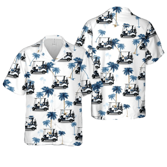 Golf Hawaii Shirt Electric Golf Cart Palm Tree Pattern Hawaiian Shirt White Blue Unisex