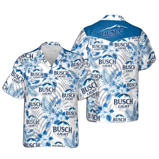 Busch Light Hawaii Shirt Busch Light Hibiscus Flower Pattern Hawaiian Shirt White Blue Unisex