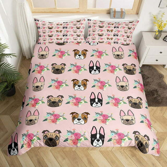 Dog Bedding Set Puppy Bulldog And Flower Pattern Duvet Covers Pink Unique Gift