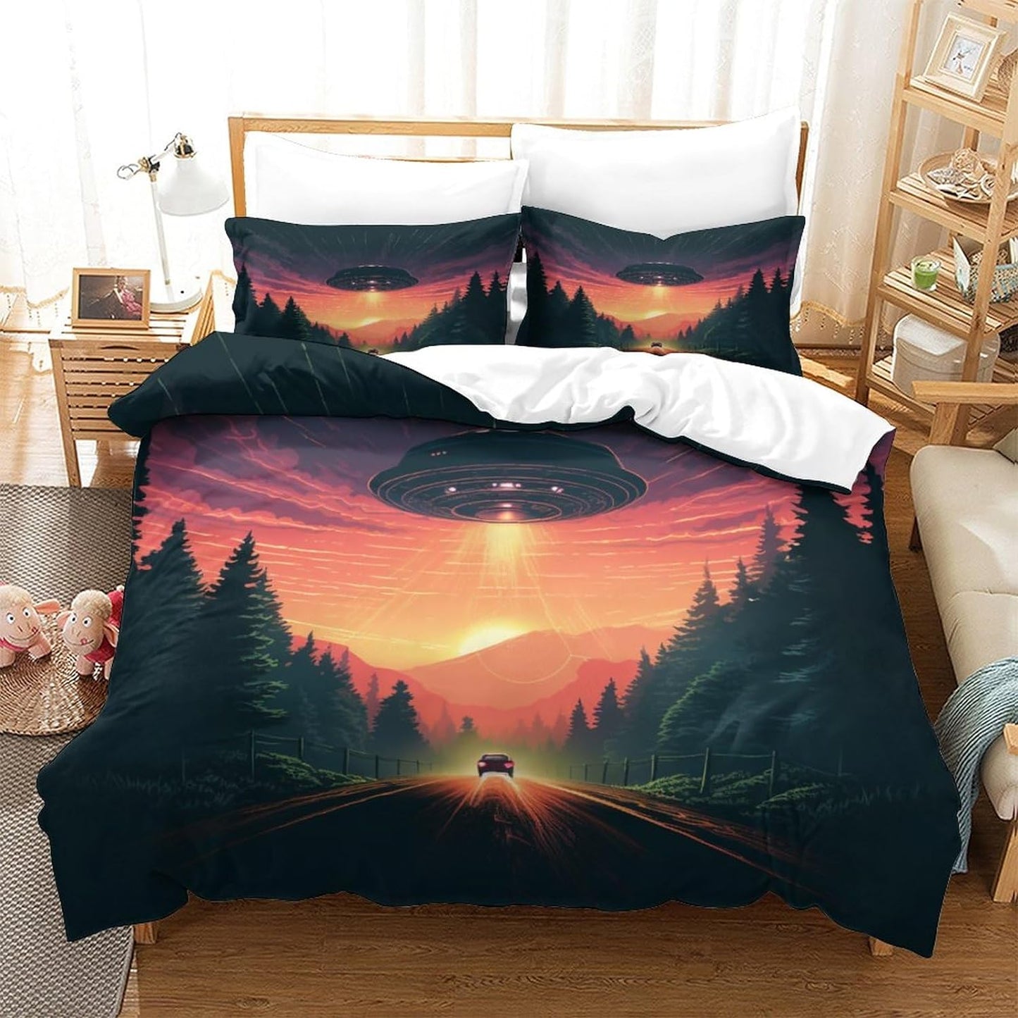 UFO Bedding Set UFO With Car On The Road Duvet Covers Black Orange Unique Gift