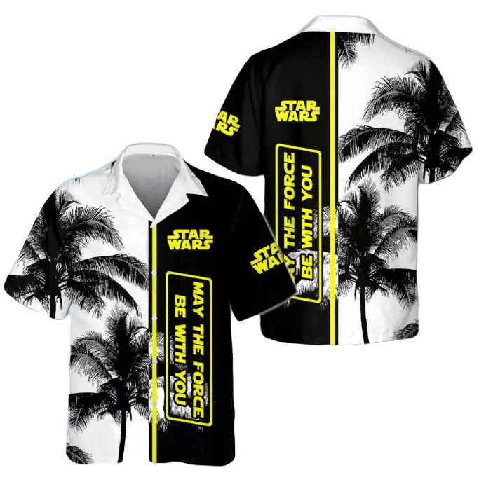 SW Hawaii Shirt May The Force Be With You Palm Tree Pattern Hawaiian Shirt Black White Unisex