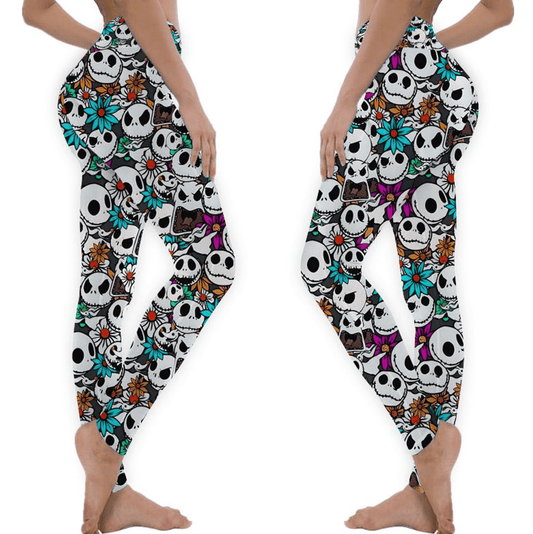 TNBC Leggings Jack Skellington Emotions Flower Pattern High Waisted Legging Black White For Women