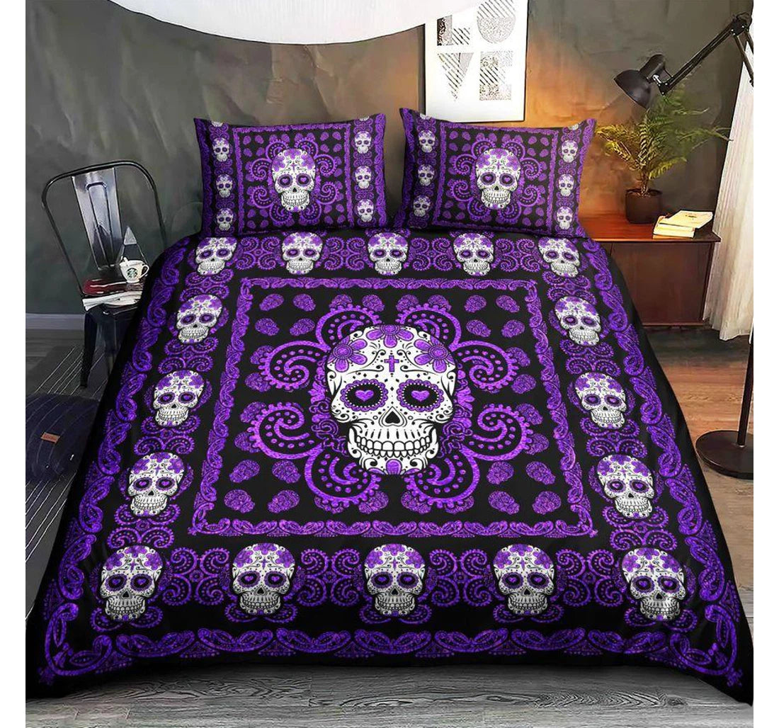 Skull Bedding Set Sugar Skull Henna Pattern Duvet Covers Black Purple Unique Gift