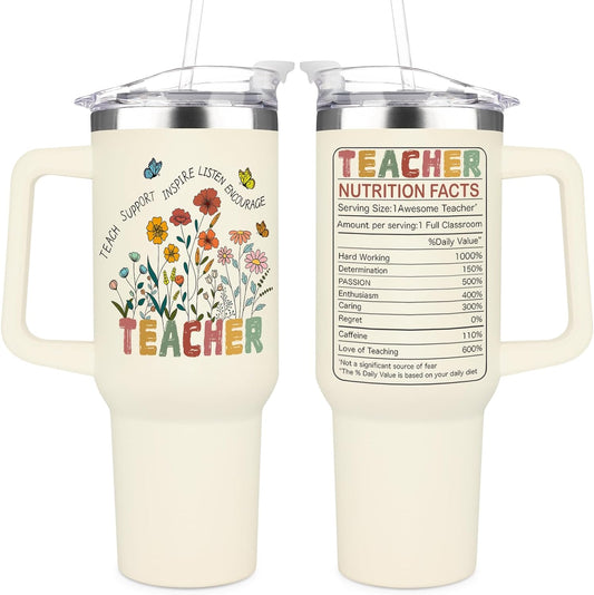 Teacher 40 Oz Tumbler Teachers Nutrition Facts Flowers Tumbler 40 Oz White