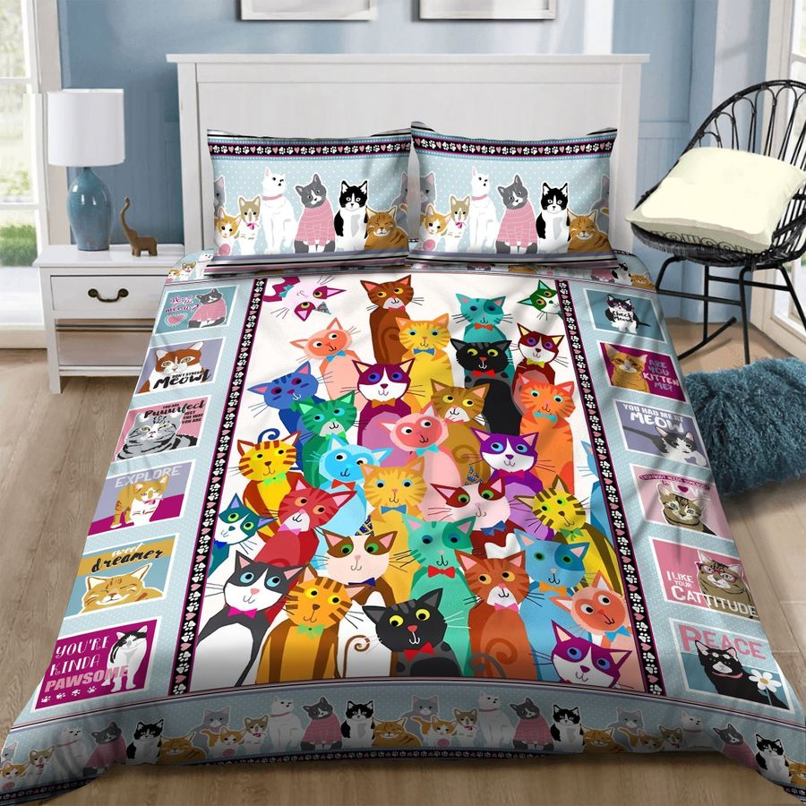 Cat Bedding Set Cat And Bird Triangle Pattern Duvet Covers Colorful Unique Gift