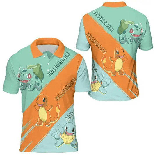 PKM Polo Shirt Bulbasaur Charmander And Squirtle Graphic Polo Tees Colorful